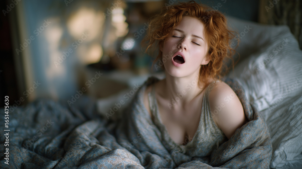 Fototapeta premium Tired red-haired girl yawning in bed, grey blanket pooling around her, muted tones of morning with delicate light spilling onto soft pillows,