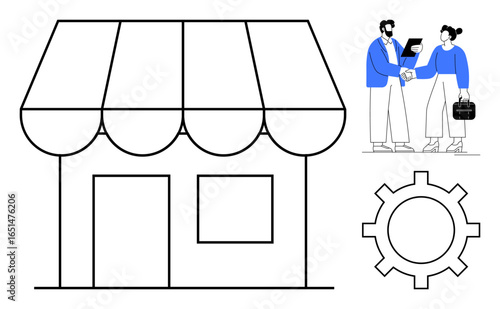 Shopfront with canopy, two professionals discussing ideas, and a gear symbol. Ideal for collaboration, entrepreneurship, teamwork, business strategy, retail management, business growth simple flat
