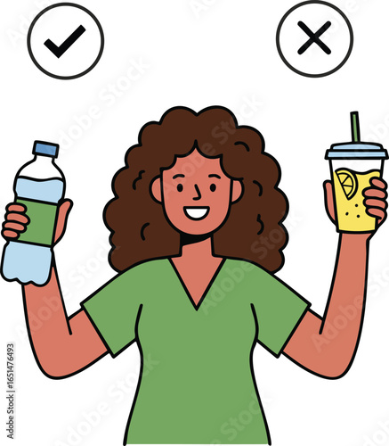 Woman Choosing Healthy Water Bottle Over Sugary Drink Vector Illustration with Correct and Incorrect Symbols