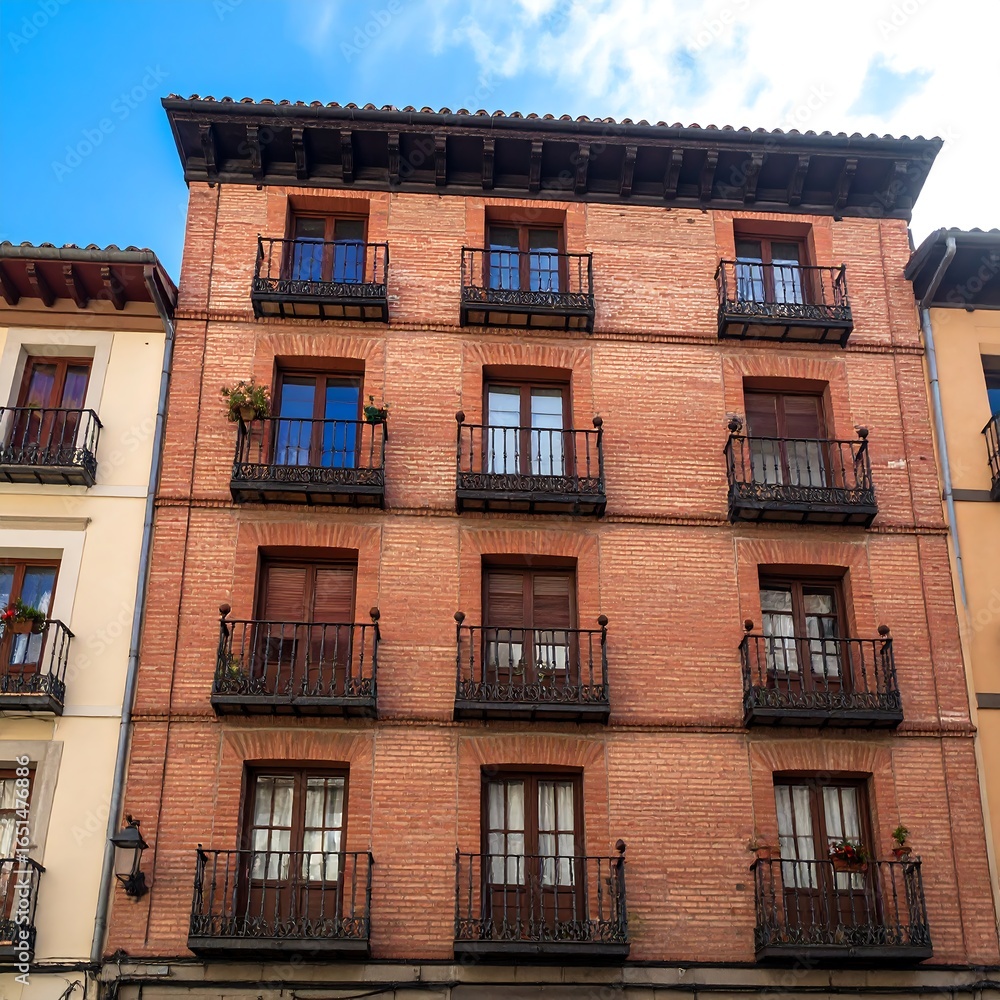 Fototapeta premium Multi-story brick building with balconies