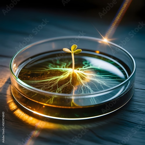 Tiny plant seedling growing in a petri dish with glowing roots