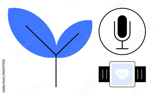 Minimalist design featuring a blue leaf, microphone capsule enclosed in a circle, and fitness tracker showing heart rate. Ideal for technology, health, wellness, nature, audio, fitness simple