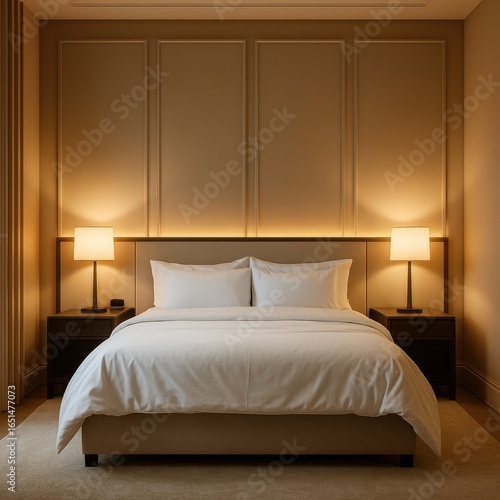 Cozy modern bedroom with warm lighting and elegant minimalist design