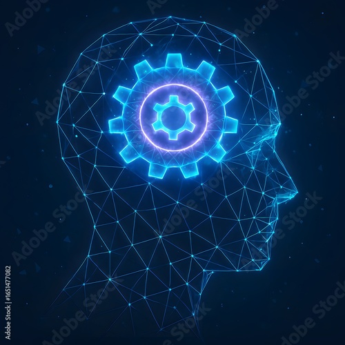 Digital brain with glowing gear represents artificial intelligence and innovation