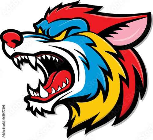 Colorful angry wolf head mascot illustration, bold cartoon animal logo for sports, gaming, and team branding