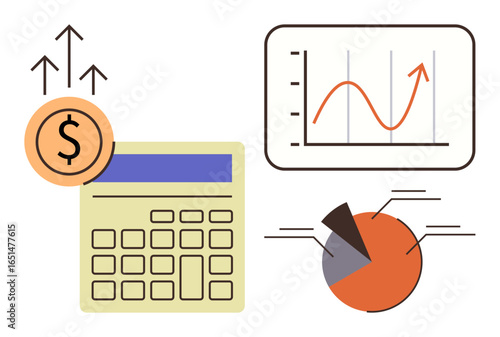 Calculator, coin with upward arrows, line graph, and pie chart highlighting financial analytics and growth trends. Ideal for finance, investment, statistics, accounting, economics business