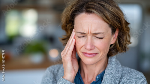 Portrait of woman with furrowed brow and eyes closed in pain, hand pressing sinus area, indoor medical setting with calm neutral tones,