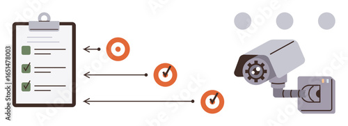 Checklist with marked tasks connects to a surveillance camera via arrows and checkmarks. Ideal for security, monitoring, planning, task management, compliance, productivity, strategy, simple flat