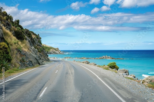 A winding coastal road is flanked by steep cliffs and vibrant greenery as it follows the curve of the ocean. The turquoise waters shimmer under a clear sky.