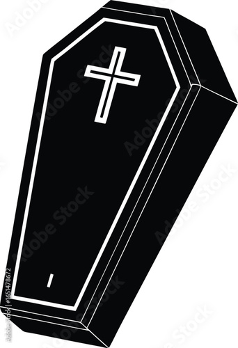 Illustration of a black coffin with a cross on top representing death burial and religious beliefs