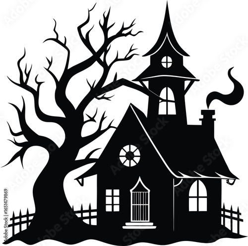 Vector art of silhouette of a spooky haunted house with a gnarled tree evokes a sense of mystery and foreboding in the stillness of the night