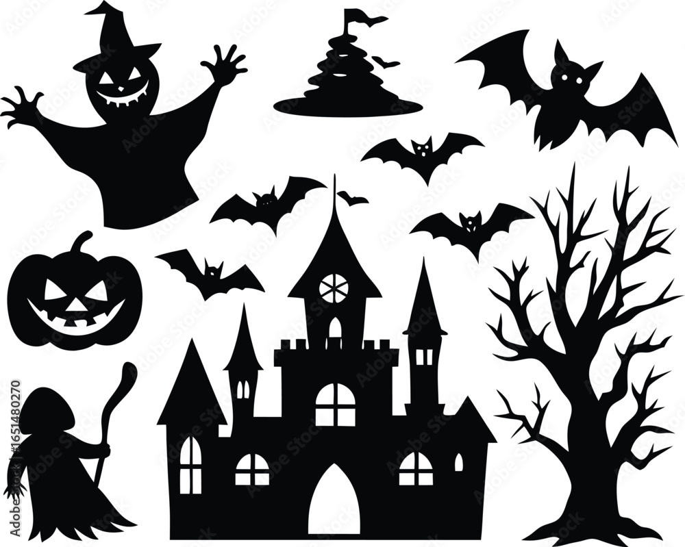 Fototapeta premium Vector art of silhouetted halloween scene with a spooky castle bats pumpkins witch wizard and haunted tree on a dark night