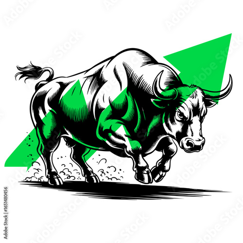 Powerful Bull Illustration with Green Background Accent – Symbol of Strength, Determination, Finance and Stock Market Growth Artwork