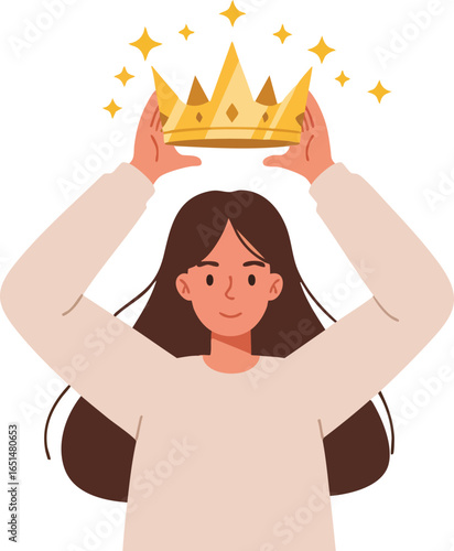 Young woman placing golden crown on head with sparkling stars in vector illustration 