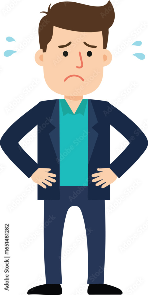 Obraz premium Worried man with sweating expression standing with hands on hips in casual blue outfit vector illustration 