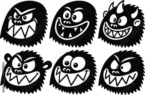 Vector art of a set of six cute and funny monster faces perfect for cartoon illustrations and graphic design projects