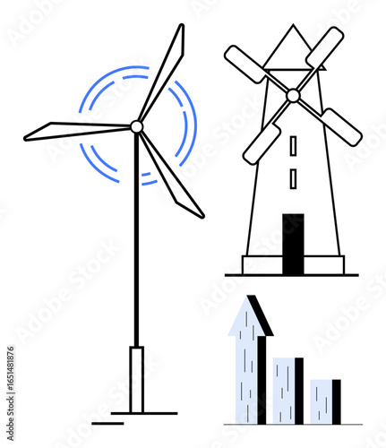 Wind turbine generating energy, traditional windmill, and upward bar chart for growth concept. Ideal for sustainability, renewable energy, development, environment, innovation, clean power simple