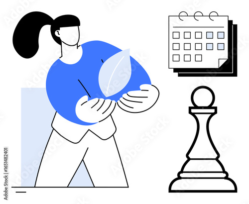 Person holding a leaf representing eco-consciousness, calendar symbolizing planning, and chess pawn reflecting strategy. Ideal for sustainability, time management, leadership, planning