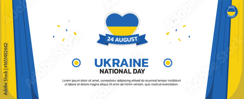 Ukraine Independence Day Design, minimalist template of August 24th design elements with flag curtains on both sides, Ukraine map and flag in poster and banner form