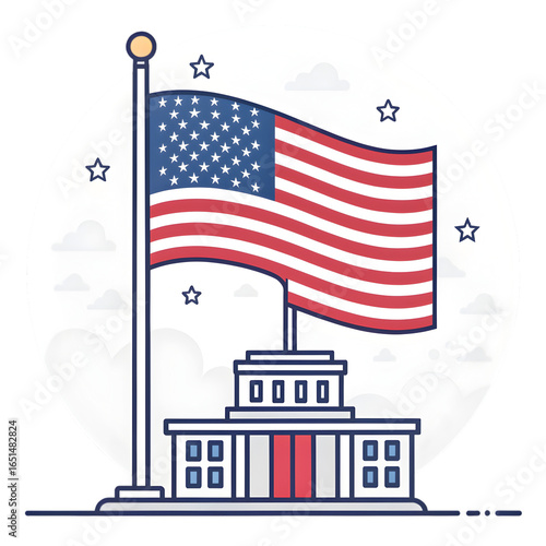 Pixel Art American Flag: Patriotic Illustration of US Flag & Government Building