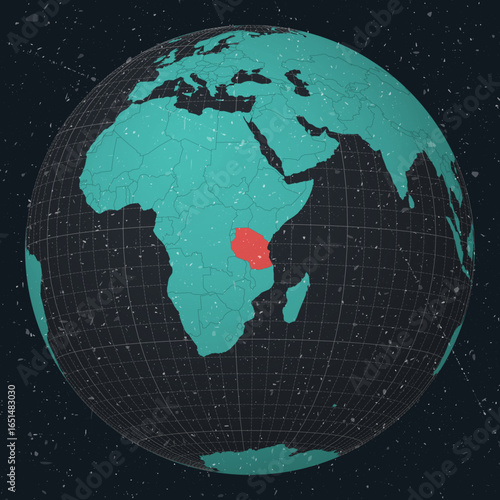 United Republic of Tanzania on Globe. Vintage look with grunge scratched texture. Country view on world map in Dark Charcoal Turquoise color palette. Tanzania shape on map.