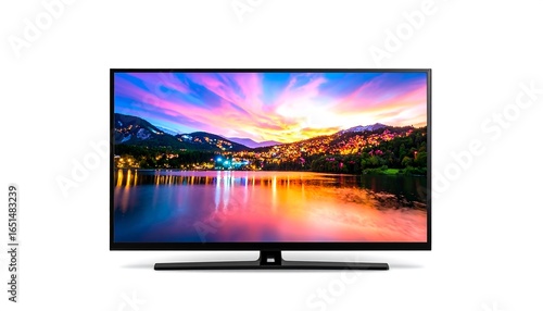 Flat-screen TV, vibrant sunset over lake