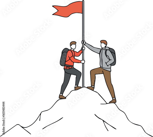 Two hikers climbing mountain peak planting red flag teamwork success achievement vector illustration 