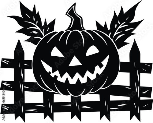 Vector art of a spooky jackolantern with a toothy grin sits behind a rustic wooden fence surrounded by autumn leaves