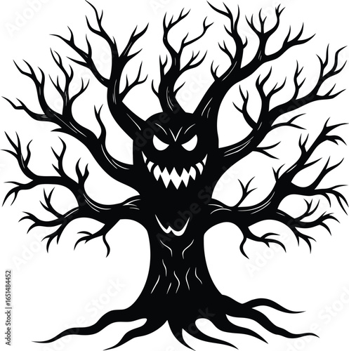 Vector art of a spooky tree monster with a scary face in the dark forest is perfect for halloween designs