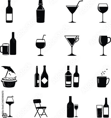 Collection of drinks icons: wine, cocktails, beer, and more vector graphics for bar and restaurant use