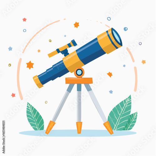 Joli télescope sur trépied, entouré de quelques étoiles symboliques sur fond blanc