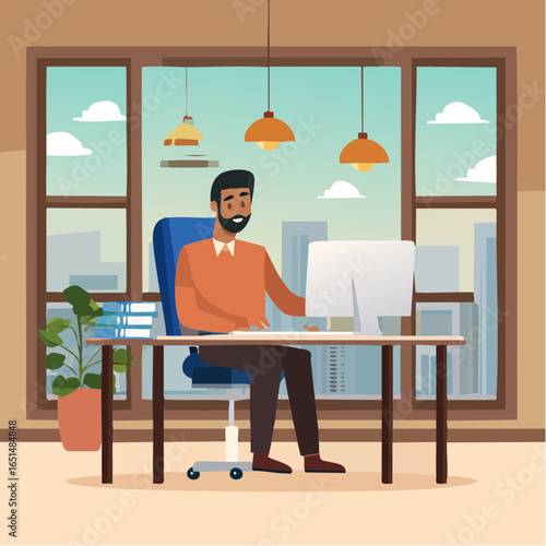 Salarié qui travaille sur son ordinateur, homme noir barbu, baie vitrée, bureau 