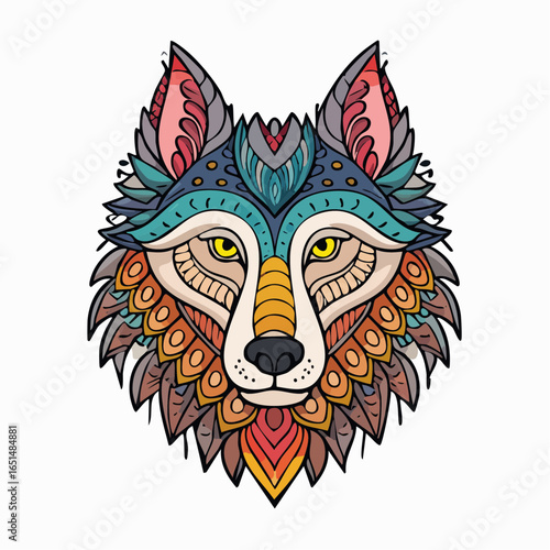 Tête de Loup en gros plan, original et artistique, motifs graphiques ,coloré, fond blanc 