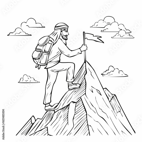 Dessin noir et blanc d'un jeune homme gravissant une montagne, escalade, minimaliste, poétique 