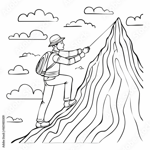 Dessin noir et blanc d'un jeune homme gravissant une montagne, escalade, minimaliste, poétique 