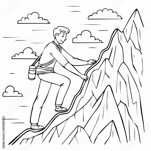 Dessin noir et blanc d'un jeune homme gravissant une montagne, escalade, minimaliste, poétique 