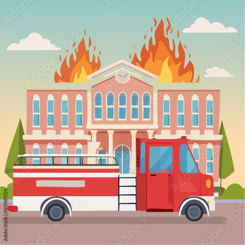 Camion de pompiers devant un immeuble en feu, incendie, intervention