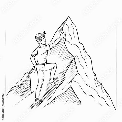 Dessin noir et blanc d'un jeune homme gravissant une montagne, escalade, minimaliste, poétique 