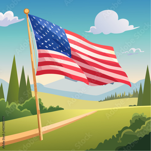 Un joli drapeau Américain qui flotte au vent, extérieur, nature 