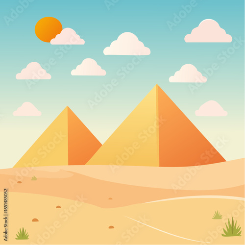 Magnifiques pyramides dans le désert, ciel bleu, soleil, quelques nuages blancs