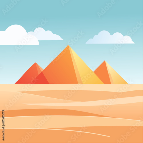 Magnifiques pyramides dans le désert, ciel bleu, soleil, quelques nuages blancs