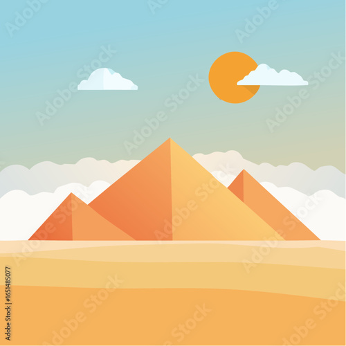 Trois magnifiques pyramides dans le désert, ciel bleu, soleil, quelques nuages blancs