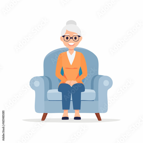 Grand mère souriante sur son fauteuil, lunettes, fond blanc