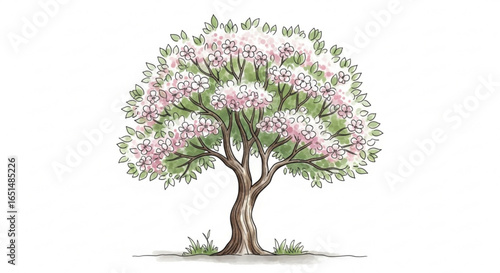 Blooming cherry tree with pink flowers and green leaves on white background