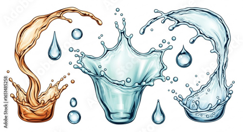 Liquid Splashes with Water Droplets on a White Background, Vector Illustration
