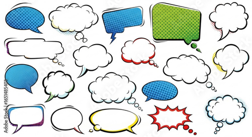 Comic Speech Bubbles, Colorful Halftone Pop Art Style on a White Background