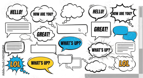 Comic speech bubbles with expressions like hello, great, how are you