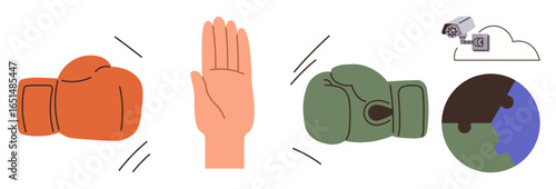 Boxing gloves in conflict, neutralized by a raised hand and connected to global unity. Ideal for diplomacy, teamwork, peace, strategy, negotiation, leadership collaboration. Simple flat metaphor