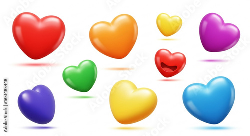 Colorful glossy hearts on a white background, love and valentines day concept