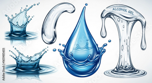 Water Drops Collection with Splashes and Alcohol Gel on a Light Background